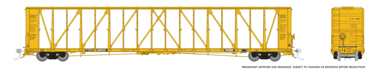 HO NSC Centrebeam Flatcar: TTX (Yellow, Flush Deck) #866551