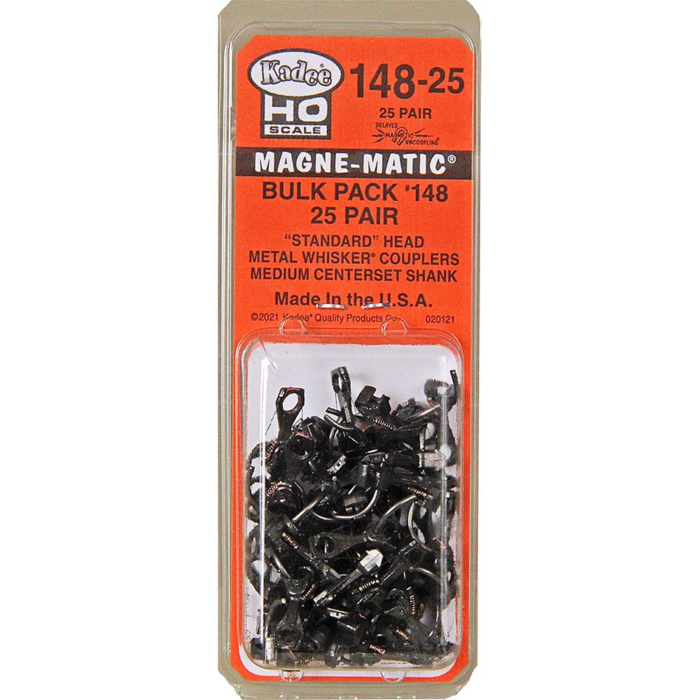 HO Kadee #148-25 Bulk Pack - 25 pair #148 Whisker® Metal Couplers - Medium (9/32") Centerset Shank